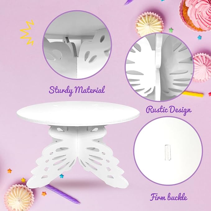AOCEAN 12 Inch Butterfly Cake Stand, White Butterfly PVC Cake Holder for Birthday Wedding Party, Round Cake Stand for Dessert Table (2 Pack)
