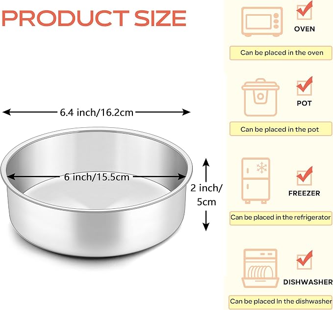 Herogo Cake Pan 6 Inch Round Set of 3, Stainless Steel Nonstick Layer Tier Birthday Wedding Cake Pans, Fit Oven Pots Pressure Cooker, Mirror Finish, Dishwasher Safe