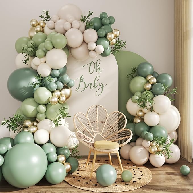 Sage Green Gold White Balloon Arch Kit 132Pcs Sage Green Light Green Sand White Gold Clear Balloons for Wedding Engagement Anniversary Bridal Shower Baby Shower Birthday Party Decorations