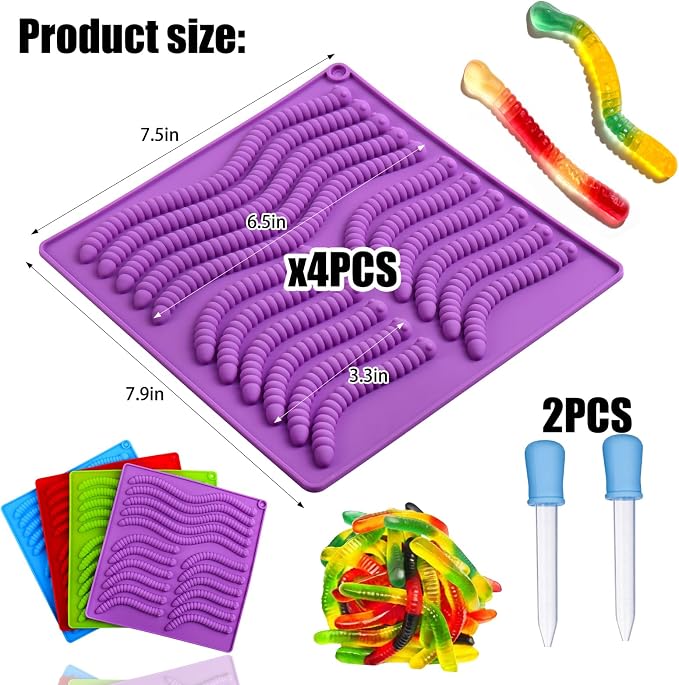 Palksky 4PCS gummy worm molds silicone for gummies candy, large fruit snack molds for kids