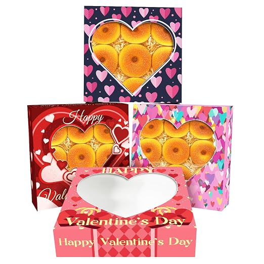 qiqee Auto-pop Up Valentine 12pcs Pie Boxes 10x10x2.5 inches Easy Assemble Macaroon Cookie Bakery Boxes with Window for Valentine's Day