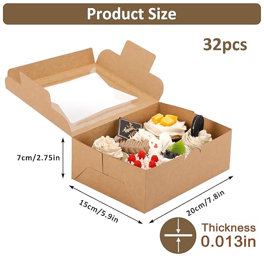 Moretoes 32pcs Cookie Boxes, 8x6x2.5 Bakery Boxes with Window 3 Styles, for Chocolate Strawberries, Dessert, Donuts, Cupcakes, Muffins
