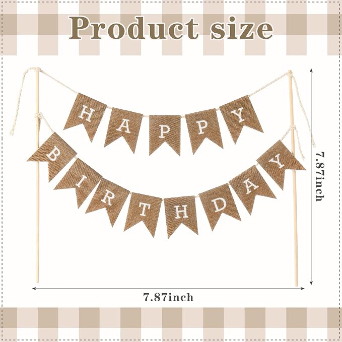 Tegeme Happy Birthday Cake Topper Burlap Cake Bunting Topper with Wood Pole Handmade Pennant Flags for Birthday, Bridal Party Decoration
