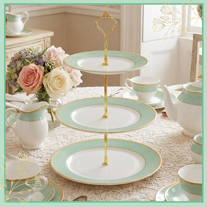 CHENGU 3 Tier Cupcake Stand Green Ceramic with Gold Frame, 10" 9" 7" Dessert Tower for Baby Shower Birthday Wedding Tea Party, Tiered Cake Holder Display for Cupcakes Pastries Fruits