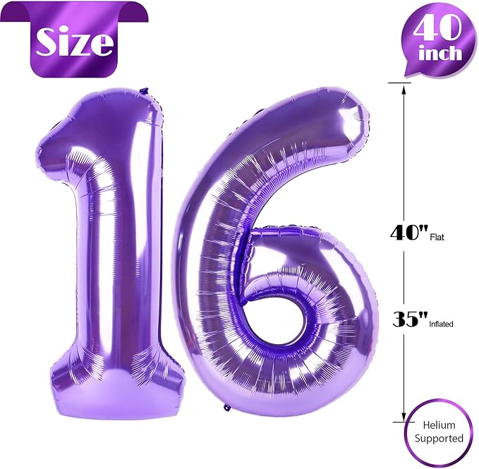 Purple Number 16 Balloon 40 Inch, 16th Birthday Party Decorations for Children, Giant 16 Foil Balloon for Party Supplies