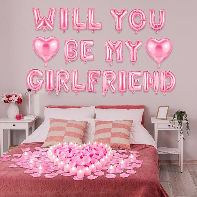 Will You Be My Girlfriend Balloon Proposal Decor 24 LED Flameless Tealight Heart Candle 2000 Artificial Rose Petals Love Balloon for Engagement Wedding Decor Romantic Special Night(Pink)