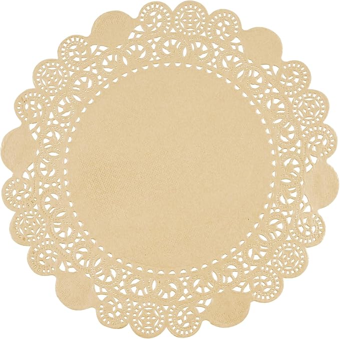 Pastry Tek 8 x 8 Inch Paper Lace Doilies, 100 Disposable Table Doilies - Elegant Lace Finish, Long Lasting, Kraft Paper Doily, for Pastries, Cupcakes, Desserts - Restaurantware