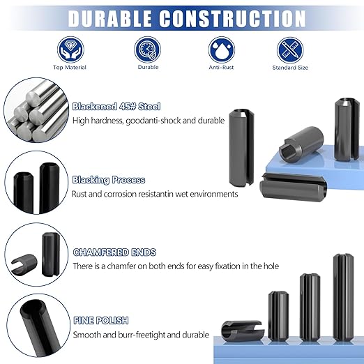 250 Pcs Roll pin Assortment, SAE Roll Pin Set, Slotted Spring Pins, Steel Split Expansion Pin, Black Roll Pins, 1/16 5/64 3/32 1/8 5/32 3/16 7/32 1/4 5/16 3/8 Inch Spring Dowel