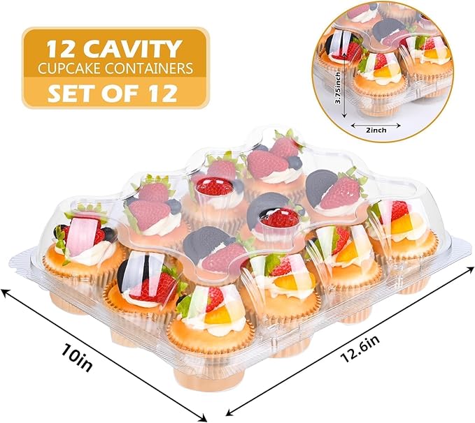 Plastic Cupcake Containers 12 Count (12 Sets), Stackable Cupcake Boxes Holders with Tall Dome Lid, Disposable Cupcake Carrier Trays Include 150 Cupcake Liners