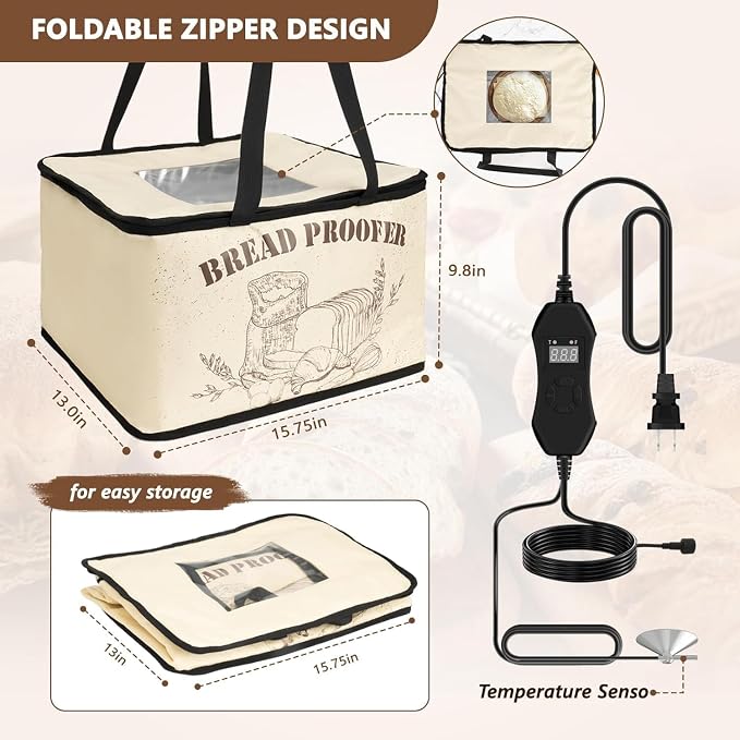 Bread Proofing Box,Folding Dough Proofing Warming Box with 50-113℉ Temp Control & 12h Timer, Proofer Oven for Sourdough, Bread Baking, Pizza, Yogurt, Kombucha, 5-Layer Fabric