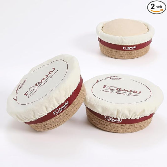 2-Pack Banneton Bread Proofing Baskets – Sourdough Starter Kit for Home Bakers, Cotton Rope Bannetons with Liners, Hanging Hooks, Dough Guide (9" Round)