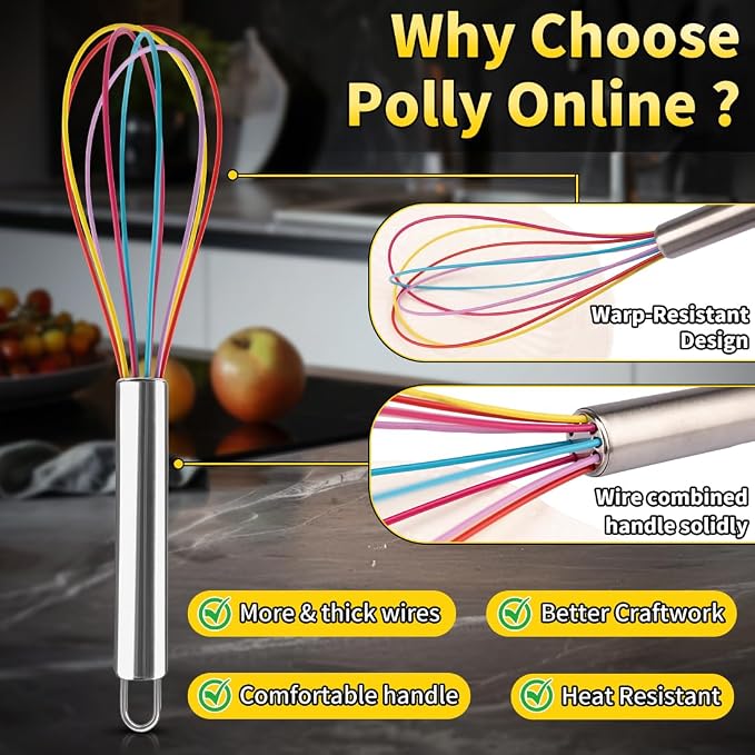 Silicone Whisk Set,Stainless Steel Handle Whisk 8" 10" 12" Rubber Whisks Cooking Non Scratch High Heat Resistant,Balloon Egg Beater for Whisking,Beating,Blending Ingredients,Mixing Sauces,Rainbow
