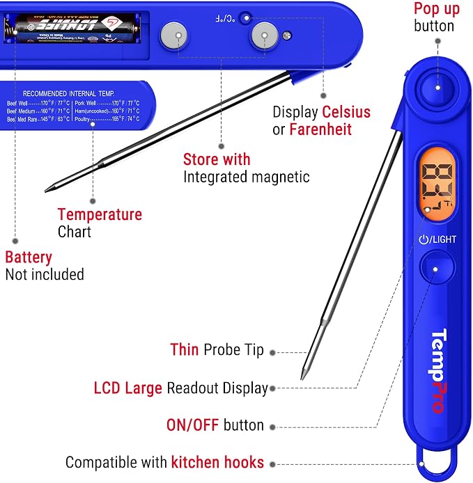 TempPro TP03B Digital Meat Thermometer for Cooking, Instant Read Thermometer with Backlight, Kitchen Food Thermometer for Grill Smoker BBQ Oil Deep Fry Candy Bread Coffee (Previously ThermoPro)