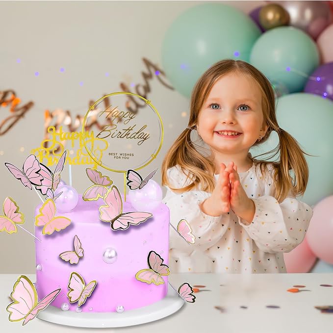 60Pcs Butterfly Cupcake Topper Pink Gold, Lively 3D Butterflies with 2Pcs Happy Birthday Topper for Cake Decor Birthday Anniversary Kids Wedding Girl Women Party Wall Food Decorations,Mixed Size