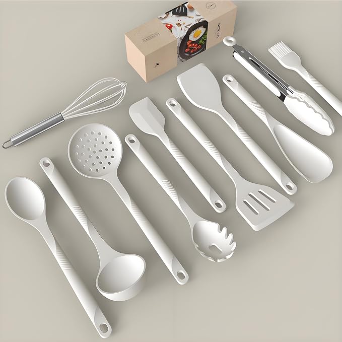 Silicone Cooking Utensils Set - 600°F Heat Resistant, Nonstick Kitchen Utensil Set with Spatulas, Spoons, Whisk, Tongs, BPA Free, Dishwasher Safe, Cream White