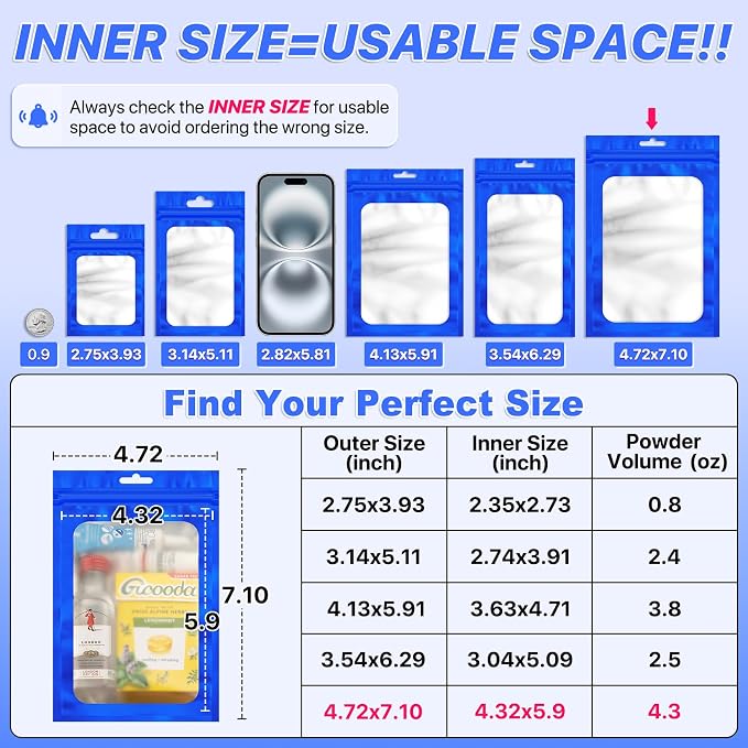100 PCS Resealable Mylar Bags with Zipper and Frosted Clear Window Smell Proof Packaging Bags Foil Pouch Zipper Bag for Food Self Sealing Storage Supplies (Blue, 4.72x7.1)