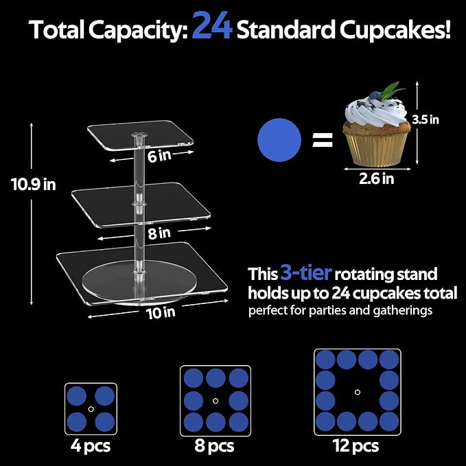 3-Tier Rotating Cupcake Stand, Clear Acrylic 360° Spinning Dessert Display Tower for Cakes & Pastries, Serving Stand for Weddings, Birthdays, Parties - Square
