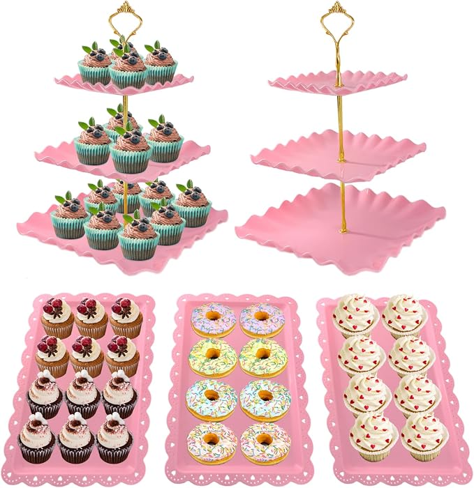 5 Pcs Dessert Table Display Set, Pink Plastic 2 Pcs Square 3 Tier Cupcake Stand Cup Cake Tower Stand with Metal Rod & 3 Pcs Serving Tray for Baby Shower, Tea Party, Wedding, Birthday Party
