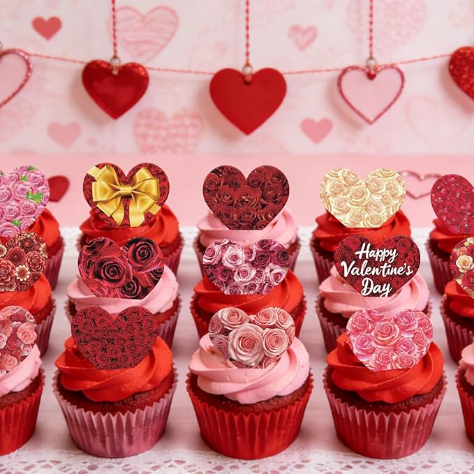 56PCS Edible Floral Heart Cupcake Toppers Wafer Paper Roses Heart Cupcake Picks Happy Valentine’s Day Cake Decor for Valentine's Day Theme Engagement Party Supplies