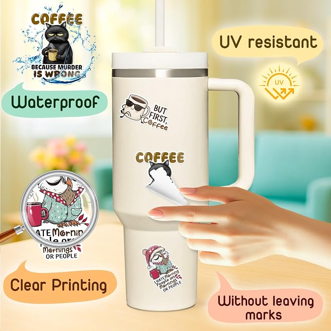 (4 Pcs) Coffee Stickers - Funny Coffee Stickers for Water Bottles, Cars, Laptop, Scrapbook - Coffee Sticker for Coffee Lovers, Espresso Lovers, Women, Men
