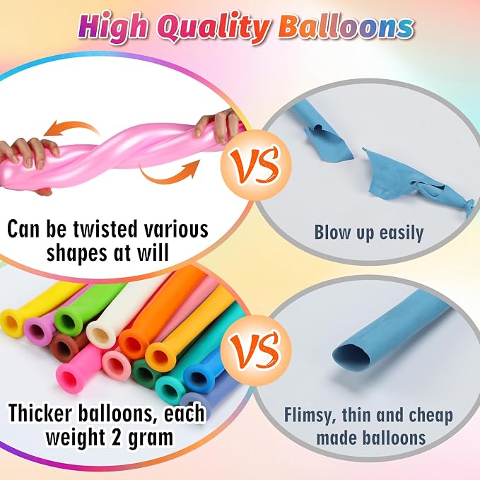 100 Pcs 260 Balloons Kit with Pump - Kids Premium Latex Twisting Long Balloons to Make Animals Flowers, Fun Rainbow Balloons for Party Boys Girls Birthday Gifts Clowns Wedding Decor