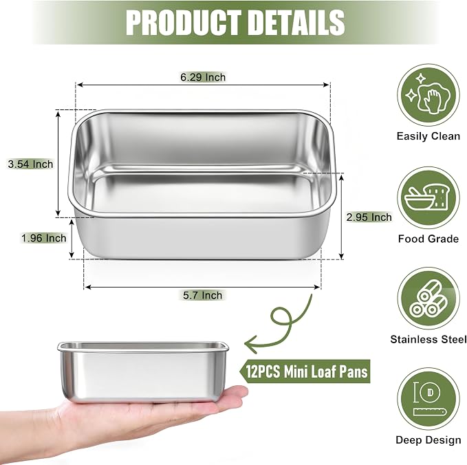 P&P CHEF Stainless Steel Mini Bread Loaf Pans, 12 PCS, Lasting & Rust-free | 6.3 x 3.5 Inch, Small Size for Air Fryer & Oven, Ideal for Bread, Meatloaf, Cake and Brownies, Food Grade, Dishwasher Safe