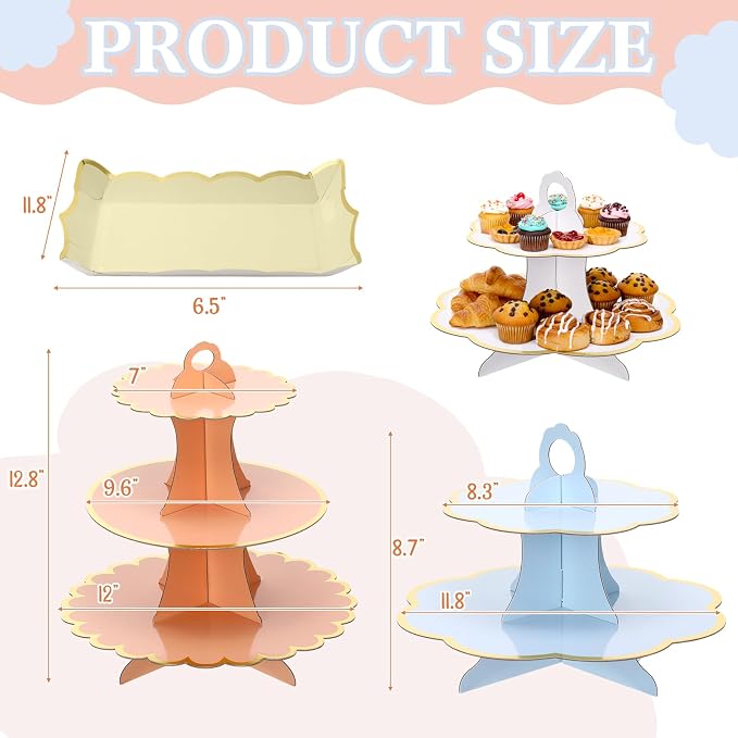 12 Pcs Tea Party Cupcake Stand Decorations Spring Cardboard Cupcake Tower 4 3-Tier Cake Stands 3 2-Tier Cake Holders 5 Trays for Flower Tea Party Princess Birthday Wedding Supplies(Classic)