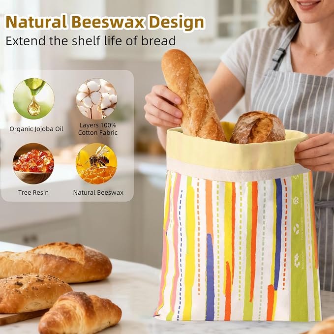 2 Pack Beeswax Bread Bags for Sourdough Homemade Bread，XL Reusable Beeswax Bread Storage Bag，Portable with large capacity，Keeps Fresh, Easy to Clean