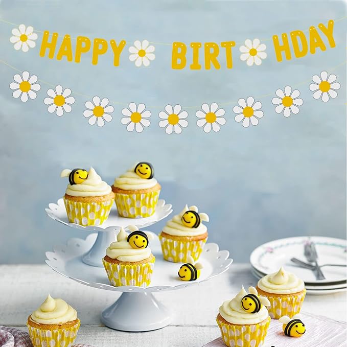 Zwiebeco Yellow Daisy Flower Happy Birthday Party Decoration Sign Banner Bunting Garland Hanging Paper Kit for Kids Adults Groovy Hippie Theme Accessories Supplies