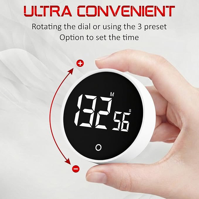 Digital Kitchen Timer, Magnetic Countdown Pomodoro Timer, Large LED Display, Rotary Twist Dial, Non Slip, Back Stand, Ideal for Cooking, Classroom, Study, ADHD, Productivity