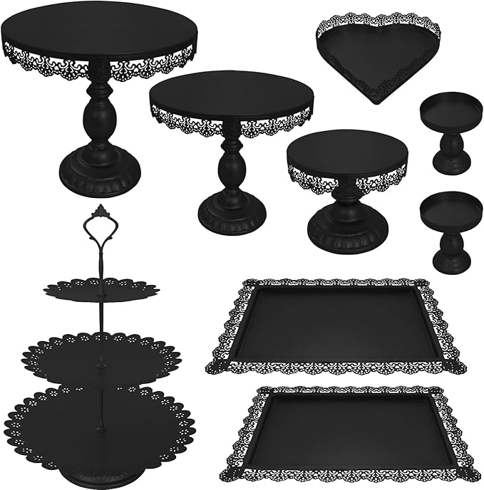 Set of 9 Cake Stands Metal Cupcake Stand Set Multiple Styles Candy Fruit Display Tower Dessert Plate Cake Serving Tray for Birthday Party Wedding Anniversary Baby Shower Engagement (Black)