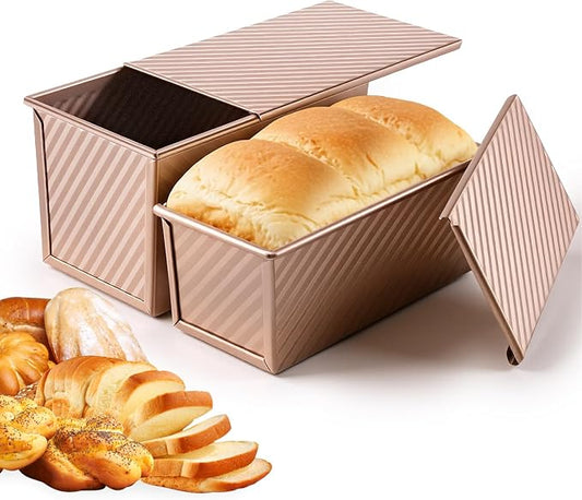 2 Pack Pullman Loaf Pan with Lid, Non-Stick Bread Pan for Sourdough | 2.2 lb & 1 lb Carbon Steel Corrugated Square Toast Tin, Carbon Steel Toast Box with Cover for Homemade Bread, Rose Gold