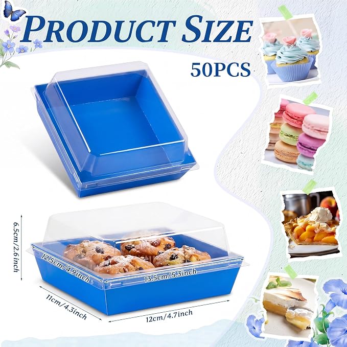 Potchen 50 Pack Bakery Boxes with Clear Lids, Disposable Charcuterie Treat Boxes for Cookies, Donuts, Cupcakes, Candy and Mini Cakes, Party Favor for Wedding and Gift Giving(Dark Blue Pattern)