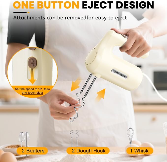 Lord Eagle 5-Speed Hand Mixer Electric With 4 Stainless Steel Mixing Bowls Set, 300W Lightweight Kitchen Handheld Mixer with Measuring Cups & Spoons, Baking Supplies for Cake, Cream