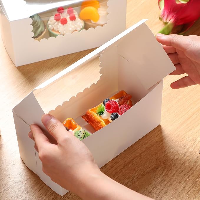 Ireer 60 pcs 8x4x4 Inch Bakery Boxes with Window Cookies Boxes Pumpkin Roll Container Donut Box Pastry Cake Packaging Safe for Cookies Loaf Muffins Breads Dessert Candies Treat (White)