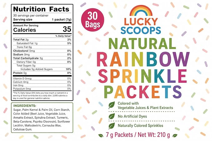 Lucky Scoops Naturally Colored Rainbow Sprinkles Packets – 30 Individually Wrapped 7 g Packs in Resealable Pouch – No Artificial Dyes, Dairy-Free, Gluten-Free, Vegetarian, Soy & Nut-Free Rainbow Jimmies for Ice Cream, Baking, Parties & Cruise Pixie Dus...