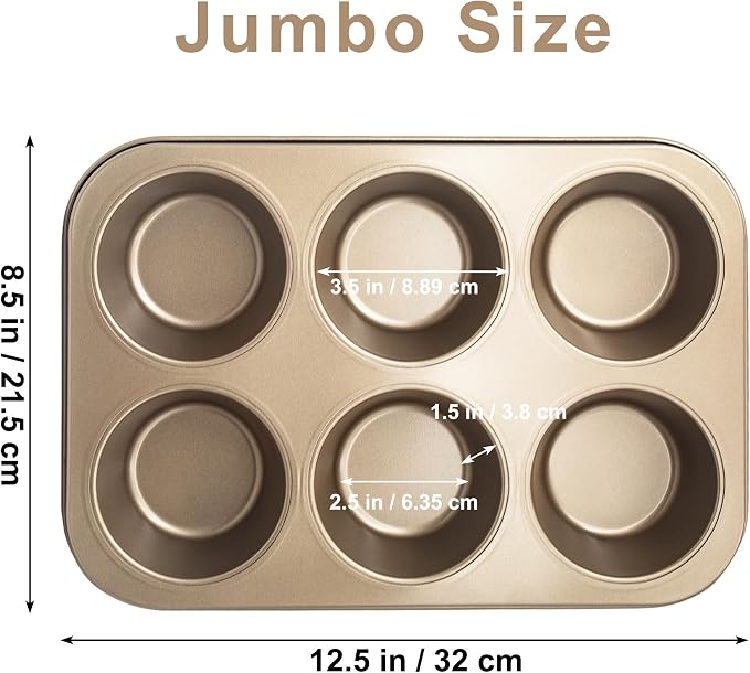 Non-Stick Gold Jumbo Muffin Pans, 6-Cup Set of 2 | Carbon Steel, Spatula Included for Extra-Large Muffins & Cupcakes