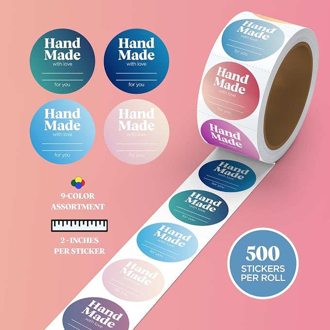 Mobiusea Creation Handmade with Love Labels Roll | Colorful Gradient Design | 2 inch Round Cut | 500 Labels for Homemade Goods, Handmade Stickers, Soap Candle Canning Supplies