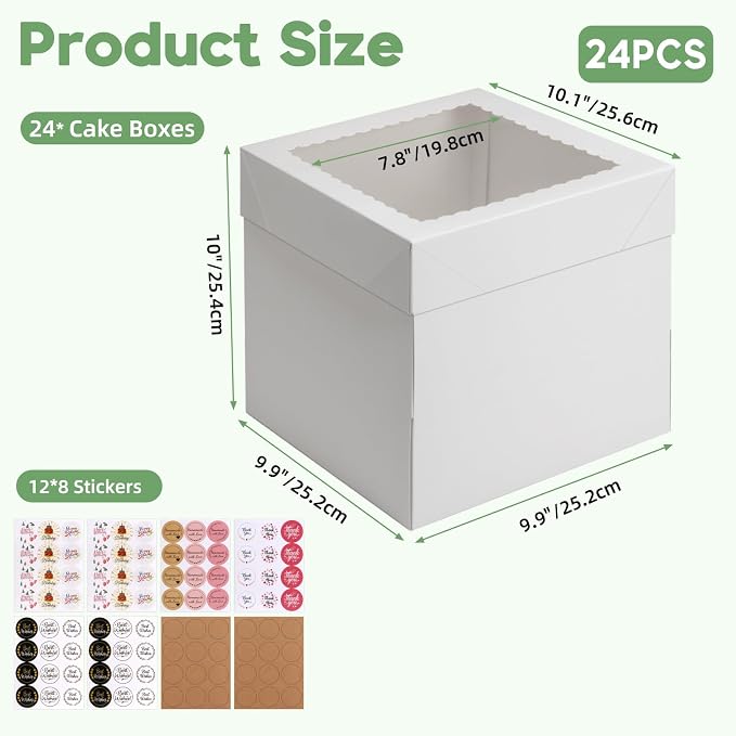 ZBEIVAN 24 Pack Cake Boxes 10x10x10 Inches White Bakery Boxes with Window, Large Square Cardboard Cake Carriers for Cakes