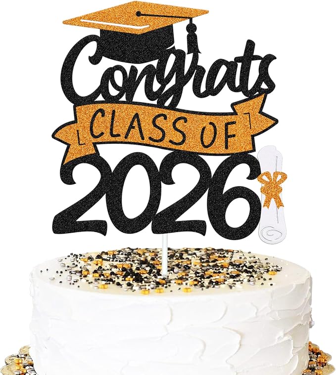 Congrats Class of 2026 Cake Topper Congrats Grad Cap Diploma Theme for High School Happy Graduation Party Supplies College Graduate Decoration (Orange)