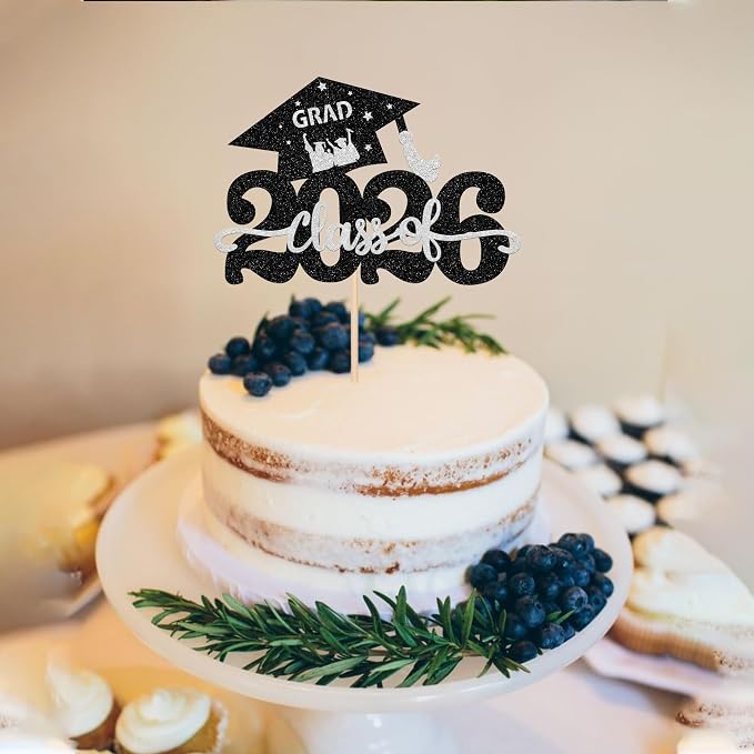 1 Pack Class of 2026 Cake Topper Glitter Congrats Grad Cap 2026 Graduation Cake Pick for 2026 Graduation Theme High School Graduate Party Cake Decorations Supplies Silver