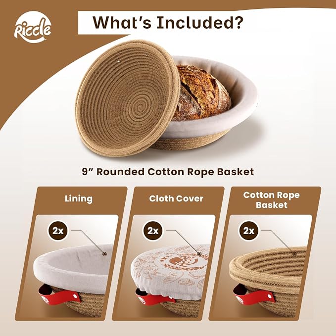 Riccle Cotton Rope Banneton Bread Proofing Basket Set,Pack Of 2, 9 Inch Round Bread Basket with Liners & Covers for Artisan Bread Baking, Sourdough Bread Baking Supplies
