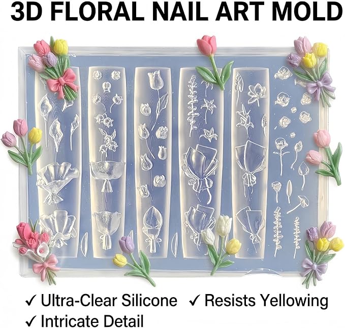 Tulip Flower Nail Art Silicone Mold, 3D Bouquet & Floral Stem Nail Charms Mold, Flexible Reusable Silicone Mold for Acrylic Gel Resin Nail Decoration, DIY Nail Accessories