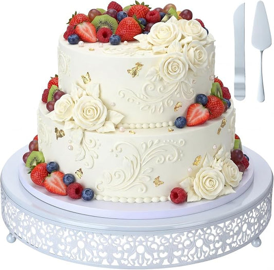 Wenqik 14 Inch White Cake Stand Set Metal Round Cupcake Dessert Stand with Cake Cutting, Spatula Wedding Cupcake Pastry Display Candy Holder Display for Wedding Party Birthday Baby Shower(Classic)