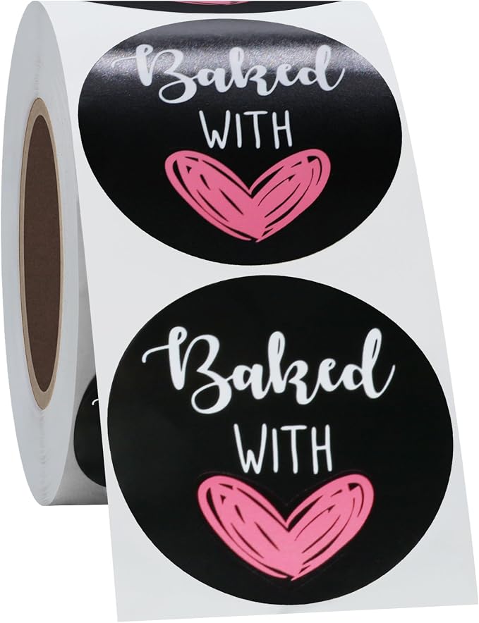 Hybsk Baked with Love Stickers for Bakeries Bake Sales Presents Seals Weddings Baby Showers Events Baking Stickers(2 inch)