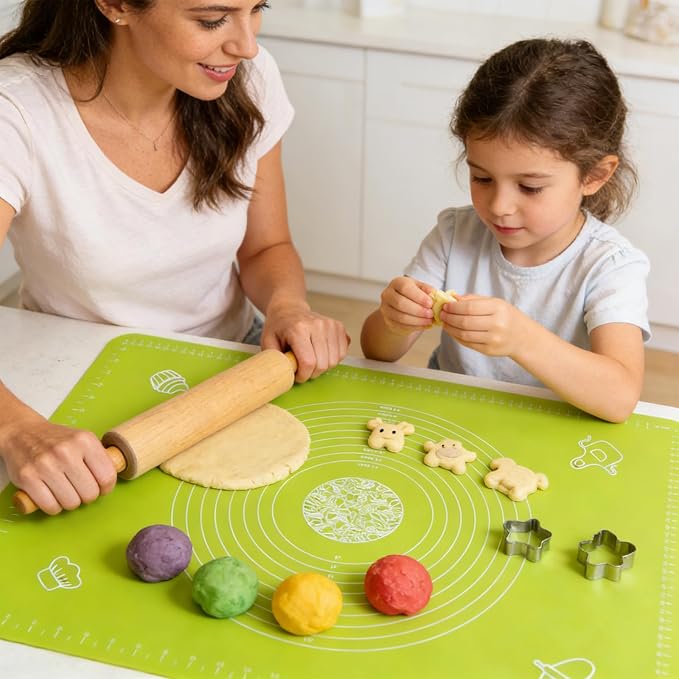 Silicone Baking Mat with Measurements, Non-Slip Non Stick Pastry Mat Sheetfor for Dough,Pastry, Bread, Cookies, Pizza, Fondant, Pasta (Green, 27.6"L x 19.7"W)