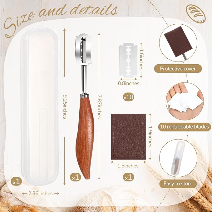 Havawish Bread Lame Sourdough Scoring Tool Wood Handle with 10 Blades Storage Cover PU Protector Cover for Artisan Sourdough Baking Supplies