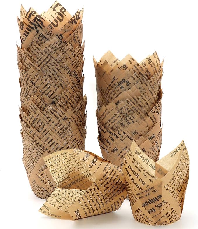 150pcs Tulip Cupcake Liners Baking Cups Muffin Liner Grease-Proof Paper Cupcake Wrappers for Wedding, Birthday Party, Standard Size (Natural Newspaper Printed)