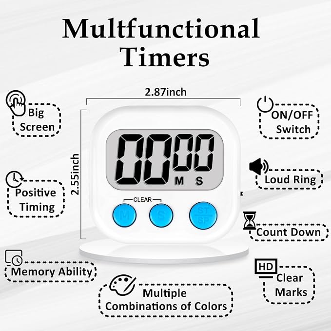 ZILLEEN 6 Pack Kitchen Timers for Cooking Digital Classroom Timers for Teachers Kids White Blue Green