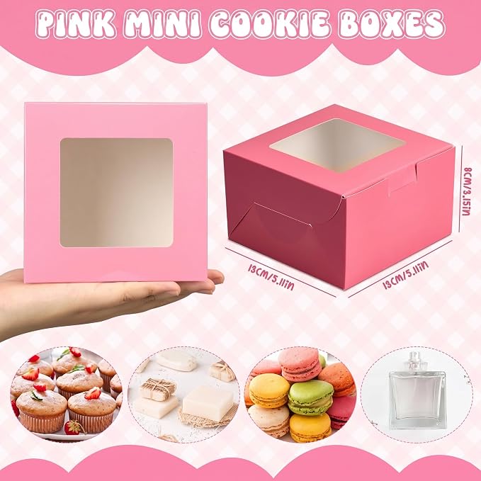 Crtiin 24 Pack Pink Cookie Boxes with Window Small Bakery Treat Boxes for Pastry Donuts Macaroon Cupcakes Aromatherapy Perfume Wedding Bridal Shower Birthday Tea Party Baby Shower Favors